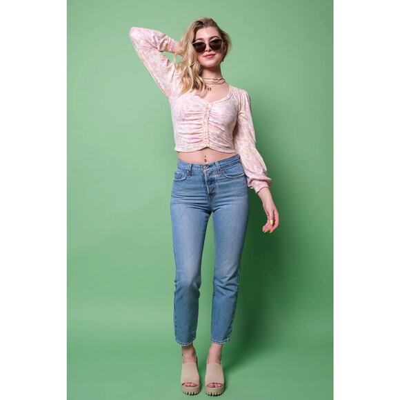 New Free People Say The Word Crop Top Ivory Pink Floral Ruched V-Naeck Sz S - Picture 3 of 9